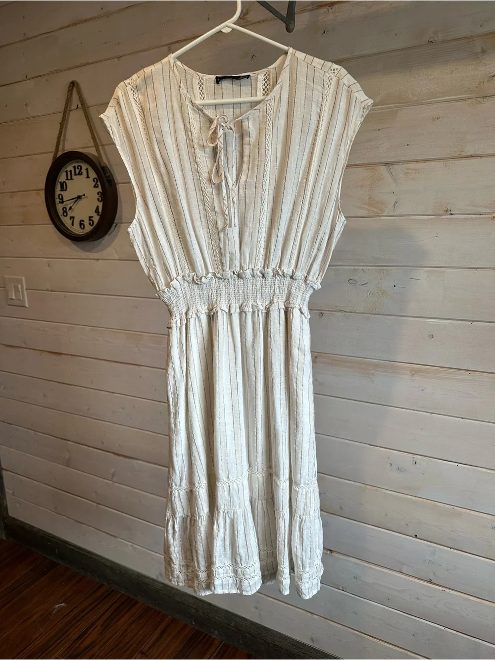 Black Tape | Cream & Shiny Silver Striped Linen Blend Dress - Picture 2 of 7